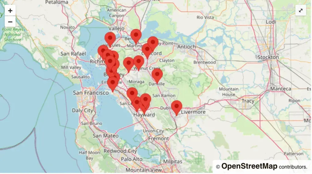 Map of painting services provided by Integrity Paint and General Contracting across Piedmont, Oakland, Berkeley, San Leandro, Lafayette, and surrounding communities